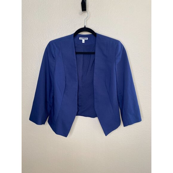 Express Womens Blue Open Front Blazer Jacket 3/4 Sleeve Size 6 Polyester Blend - Picture 2 of 6